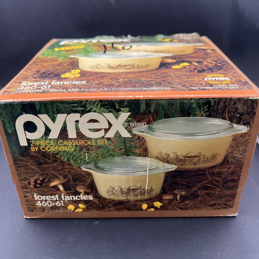 NOS Vtg Pyrex Forest Fancies 2 Pc Mushroom Casseroles 1 & 1 1/2 Qt 460-61 SEALED - Picture 6 of 7
